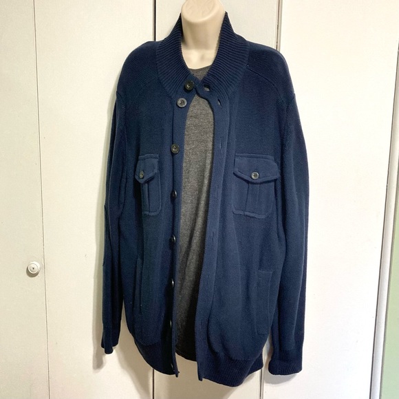 Grandpa Slouchy Cardigan Sweater John Bartlett Navy Blue Cotton  Patched Elbows - Picture 7 of 15